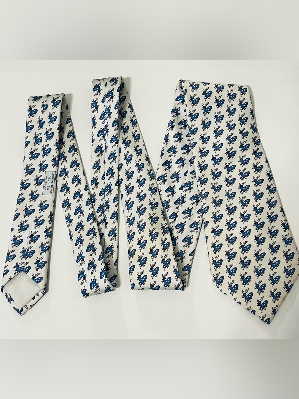 HERMES 5278 SA Mens Neck Tie 100% Silk Deer Stag Novelty Blue France Fathers Day - Picture 4 of 8